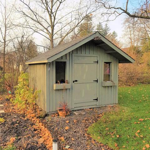 10 x 10 medium board and batten with a 2 foot gable overhang.